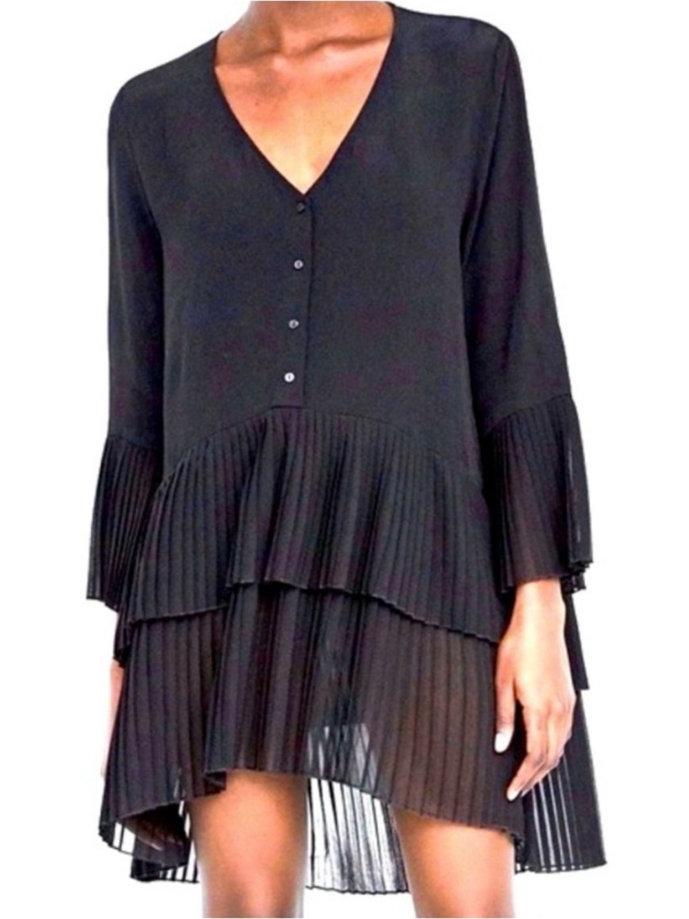 Zara Woman Black Tiered Ruffle Dress Size XS Sheer Sleeve V Neck Boho (G-1790)